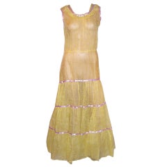 Vintage 1930's Yellow Embroidered Organdy Summertime Gown