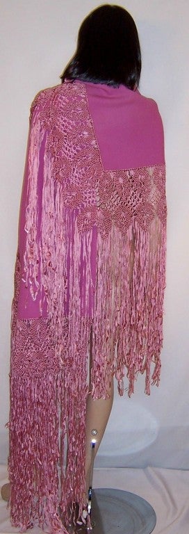 Luxurious Orchid Woolen Shawl with Silk Macrame Work & Fringe For Sale 1