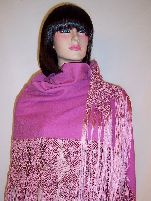 Luxurious Orchid Woolen Shawl with Silk Macrame Work & Fringe For Sale 2