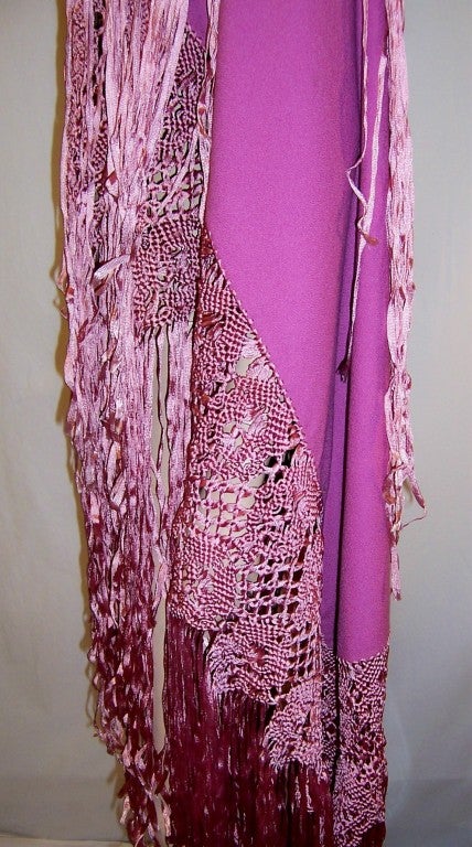 Luxurious Orchid Woolen Shawl with Silk Macrame Work & Fringe For Sale 3