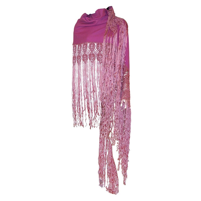 Luxurious Orchid Woolen Shawl with Silk Macrame Work & Fringe For Sale