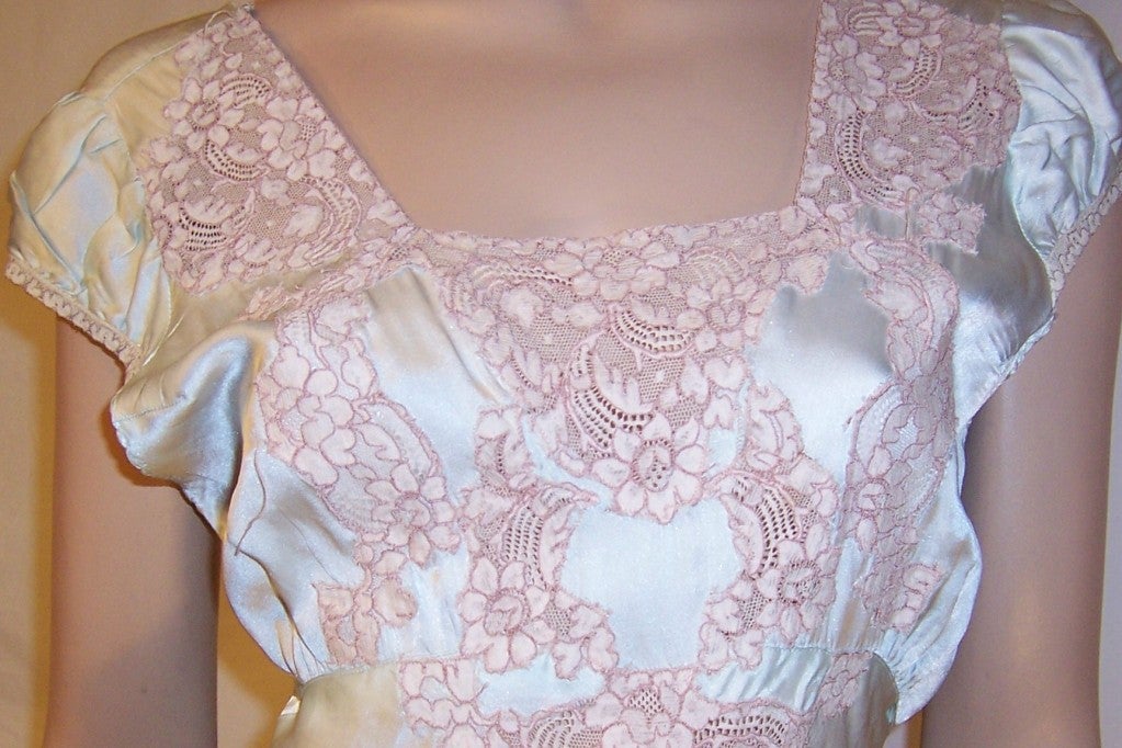 1930's Palest Aqua Silk Negligee Trimmed in Ecru Lace 4