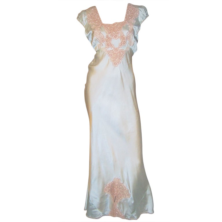 1930's Palest Aqua Silk Negligee Trimmed in Ecru Lace
