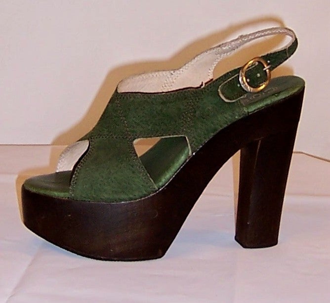 Distinctive 1970's Green Suede & Wood Platform Shoes