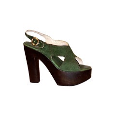 Vintage Distinctive 1970's Green Suede & Wood Platform Shoes