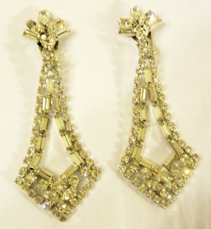 Dramatic Rhinestone, Clip-On,  Dangle Earrings