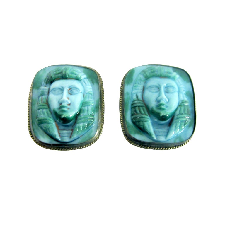 Egyptian Revival-Turquoise & Green Mottled,  Glass Earrings For Sale