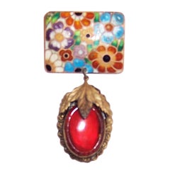 Antique Exquisite Enameled Flowered Brooch with Dangling Pendant