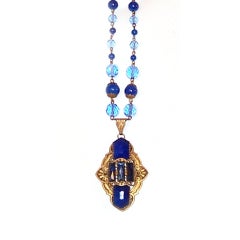 Antique Lovely Czech  Blue Crystal & Glass Beaded Necklace & Pendant