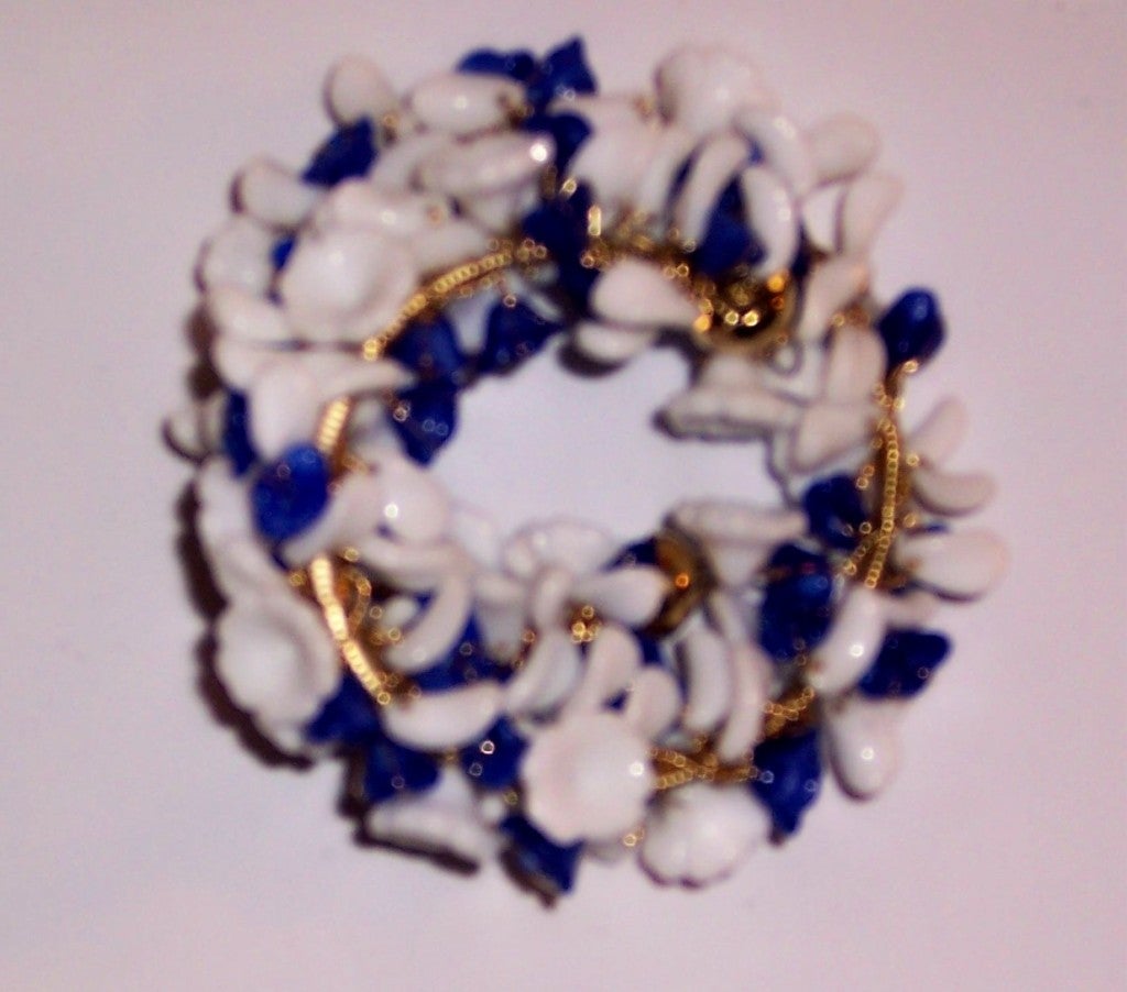 Women's Hand-Made, White & Cobalt  Blue Poured Glass Floret Bracelet For Sale