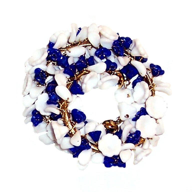 Hand-Made, White & Cobalt  Blue Poured Glass Floret Bracelet For Sale