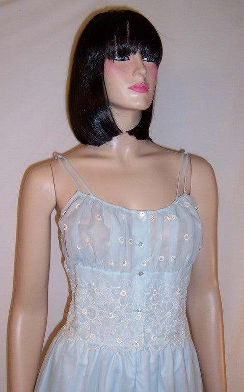 Women's Powder Blue Negligee with White Embroidered Flowers For Sale