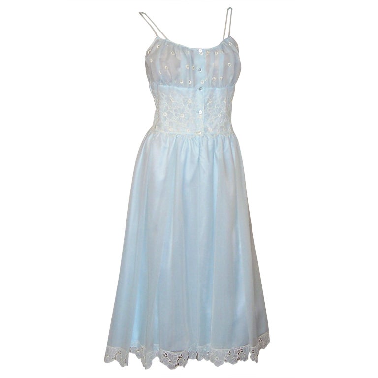 Powder Blue Negligee with White Embroidered Flowers For Sale