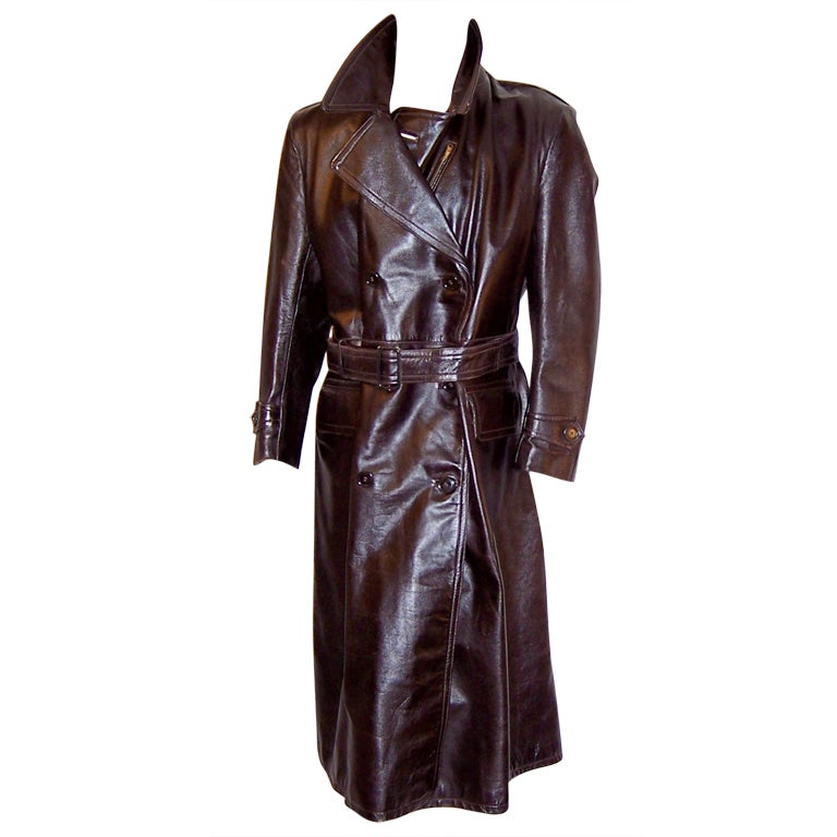 1940's Men's Brown Leather, Double-Breasted, Greatcoat For Sale