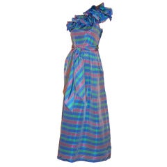 Retro Exquisite Periwinkle Blue Ruffled, One-Shoulder Striped Gown