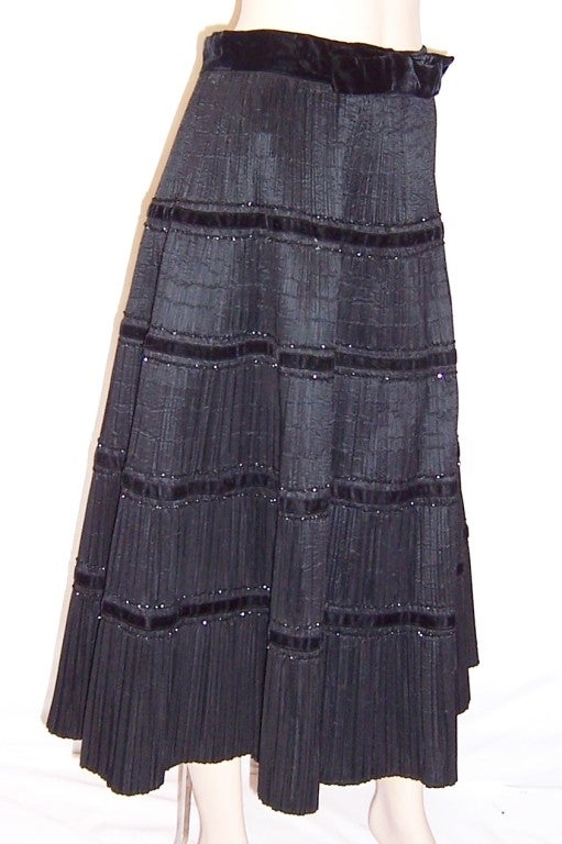 1950's Finely Pleated Skirt Trimmed with Black Velvet & Beadwork