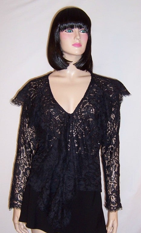 Norma Kamali Black Lace Blouse with a Deep and Wide Ruffle