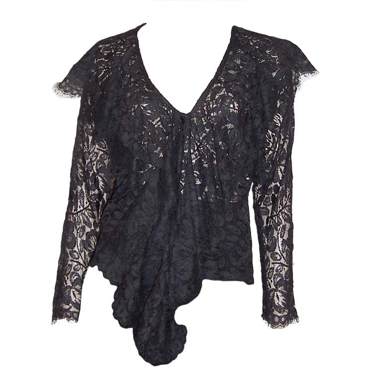 Norma Kamali Black Lace Blouse with a Deep and Wide Ruffle For Sale at ...