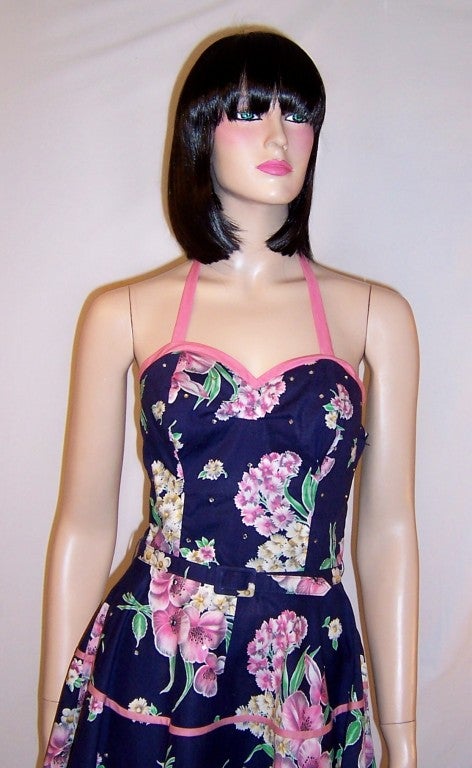 Fanciful 50's Navy & Pink Sundress with Halter Neckline In Excellent Condition For Sale In Oradell, NJ