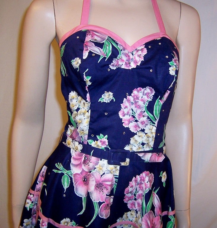 Women's Fanciful 50's Navy & Pink Sundress with Halter Neckline For Sale