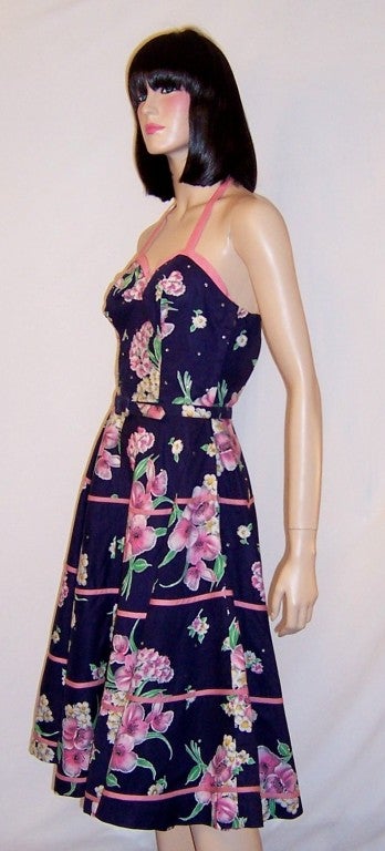 Fanciful 50's Navy & Pink Sundress with Halter Neckline For Sale 1