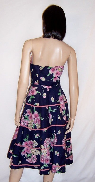 Fanciful 50's Navy & Pink Sundress with Halter Neckline For Sale 2