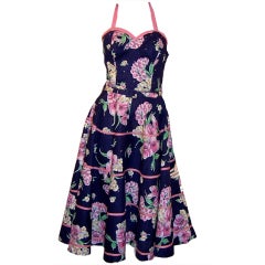 Fanciful 50's Navy & Pink Sundress with Halter Neckline