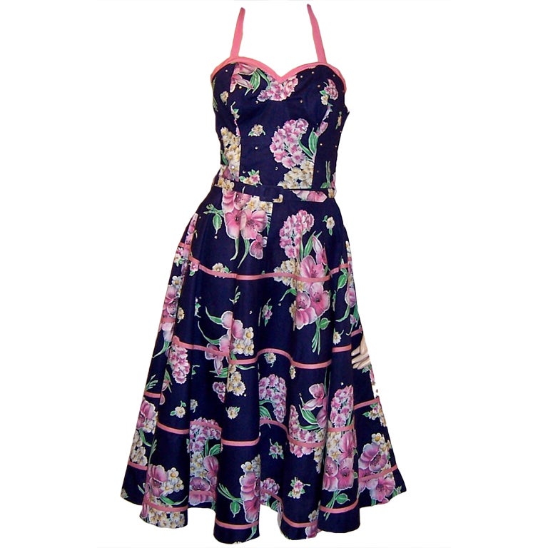 Fanciful 50's Navy & Pink Sundress with Halter Neckline For Sale