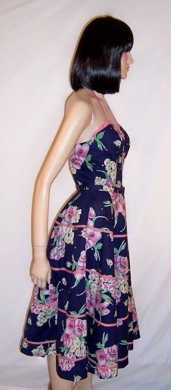 Fanciful 50's Navy & Pink Sundress with Halter Neckline For Sale 3