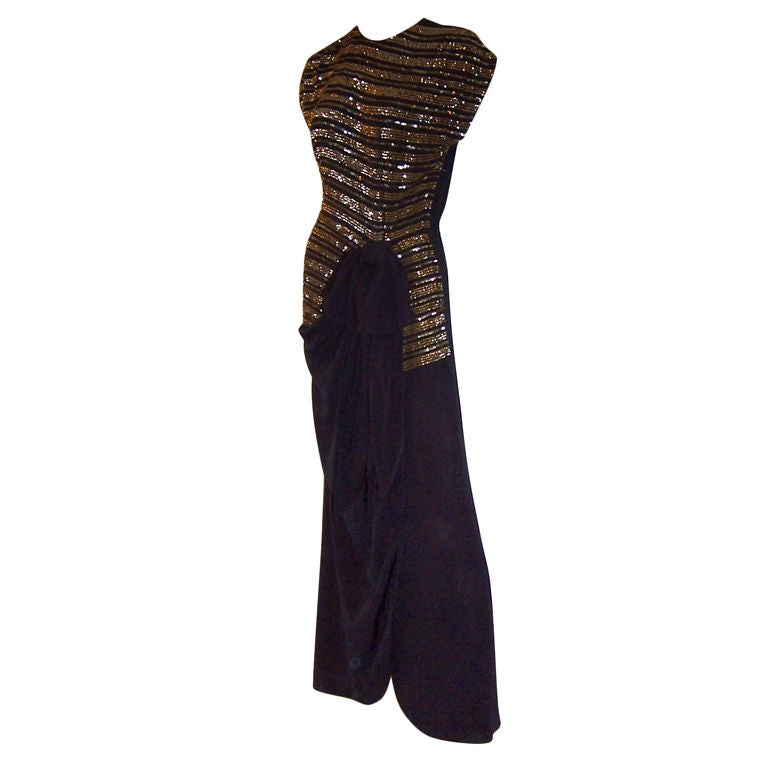 1940's Black Crepe & Gold Sequined Gown For Sale