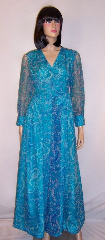 1960's Turquoise Printed Paisley Chiffon Gown