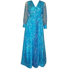 1960's Turquoise Printed Paisley Chiffon Gown