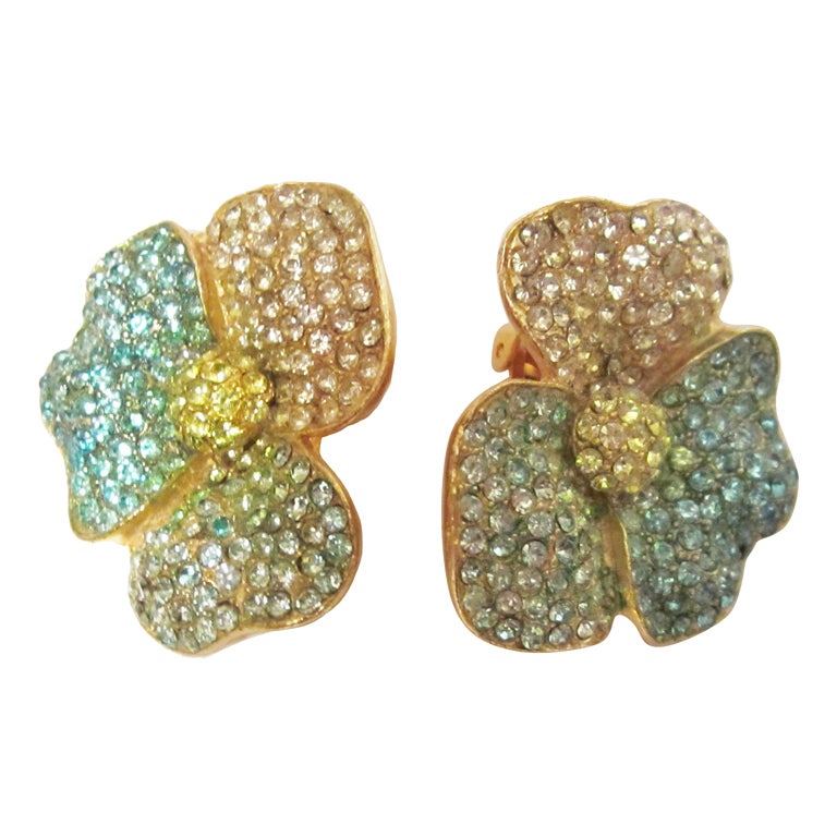 Exquisitely Beautiful Pansy Rhinestone Clip-On Earrings For Sale