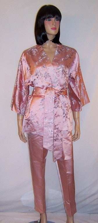 Luscious Pink Embroidered Silk Lounging Ensemble