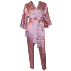 Vintage Luscious Pink Embroidered Silk Lounging Ensemble