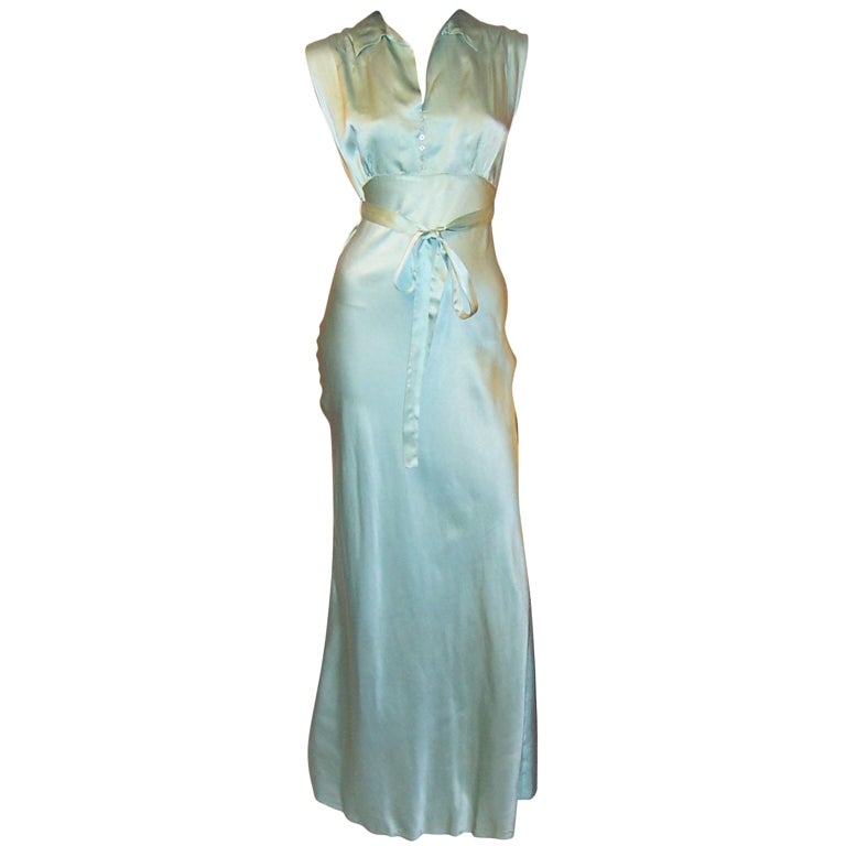 1930's Pale Teal Green, Bias Cut,  Silk  Gown/Negligee