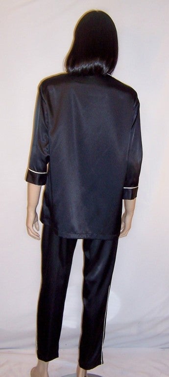 Women's Calvin Klein-Black Satin Pajamas with White Trim For Sale