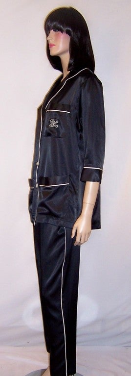 Calvin Klein-Black Satin Pajamas with White Trim For Sale 1