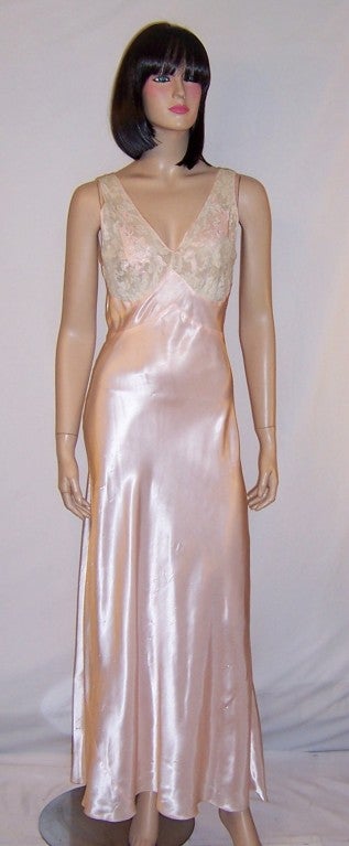 1930's Pink Satin Negligee with Alencon Lace Bodice For Sale at 1stDibs
