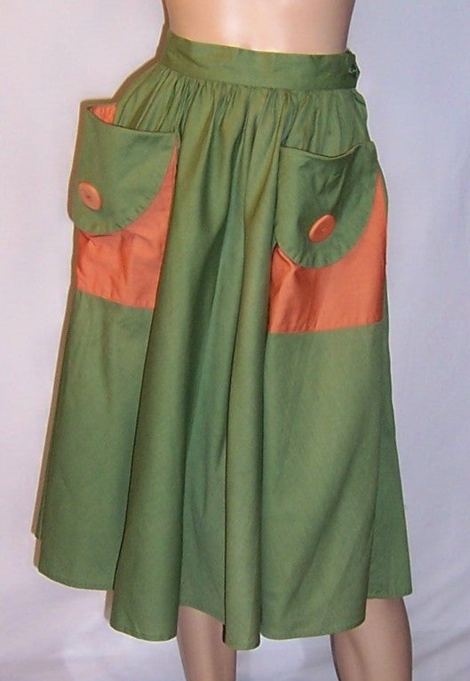 1950's Moss Green Summertime Garden Skirt with Large Pockets