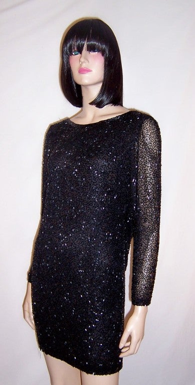 Gorgeous Black Bugle Beaded Mini-Dress with Scooped-Out Back