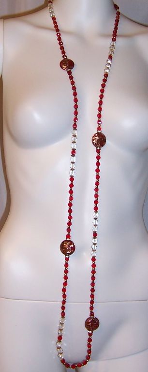 Extra-Long Ruby & Clear Crystal  & Ruby Glass Beaded Necklace