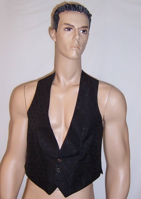 Early 1920's, Men's Black Silk Brocaded Waistcoat