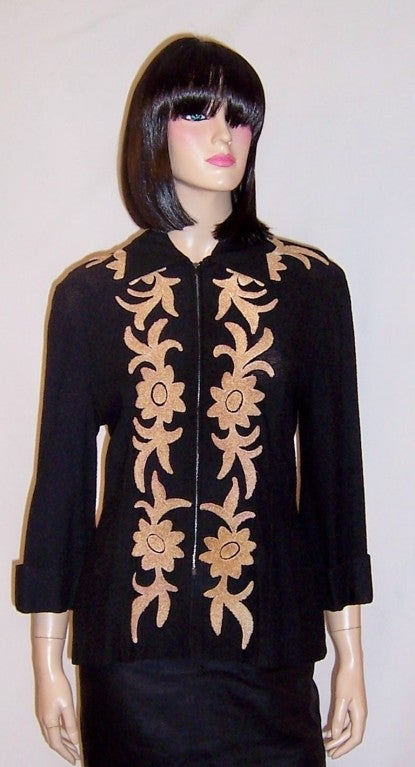 1940's Black Knit Jacket with Tan Chenille Appliques