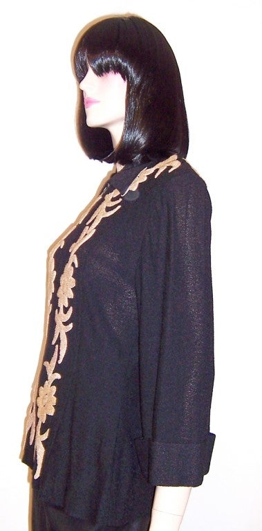 1940's Black Knit Jacket with Tan Chenille Appliques For Sale at 1stDibs