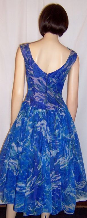 1950's Cobalt Blue/Turquoise Floral Printed Cocktail Dress For Sale 1