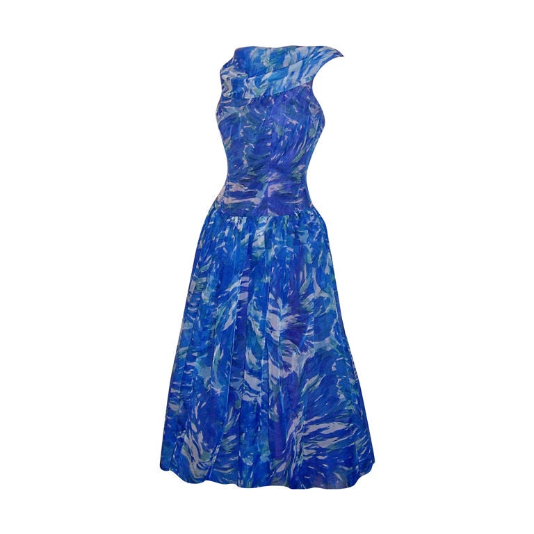 1950's Cobalt Blue/Turquoise Floral Printed Cocktail Dress For Sale