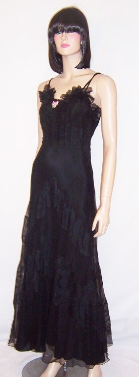 1930's Black Gown with Black Lace Trim and Black Lace  Appliques