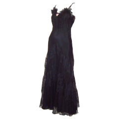 Vintage 1930's Black Gown with Black Lace Trim and Black Lace  Appliques