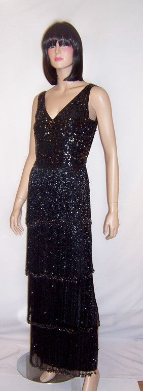 1960's Black Bugle-Beaded, Sequined, & Beaded Fringed Gown